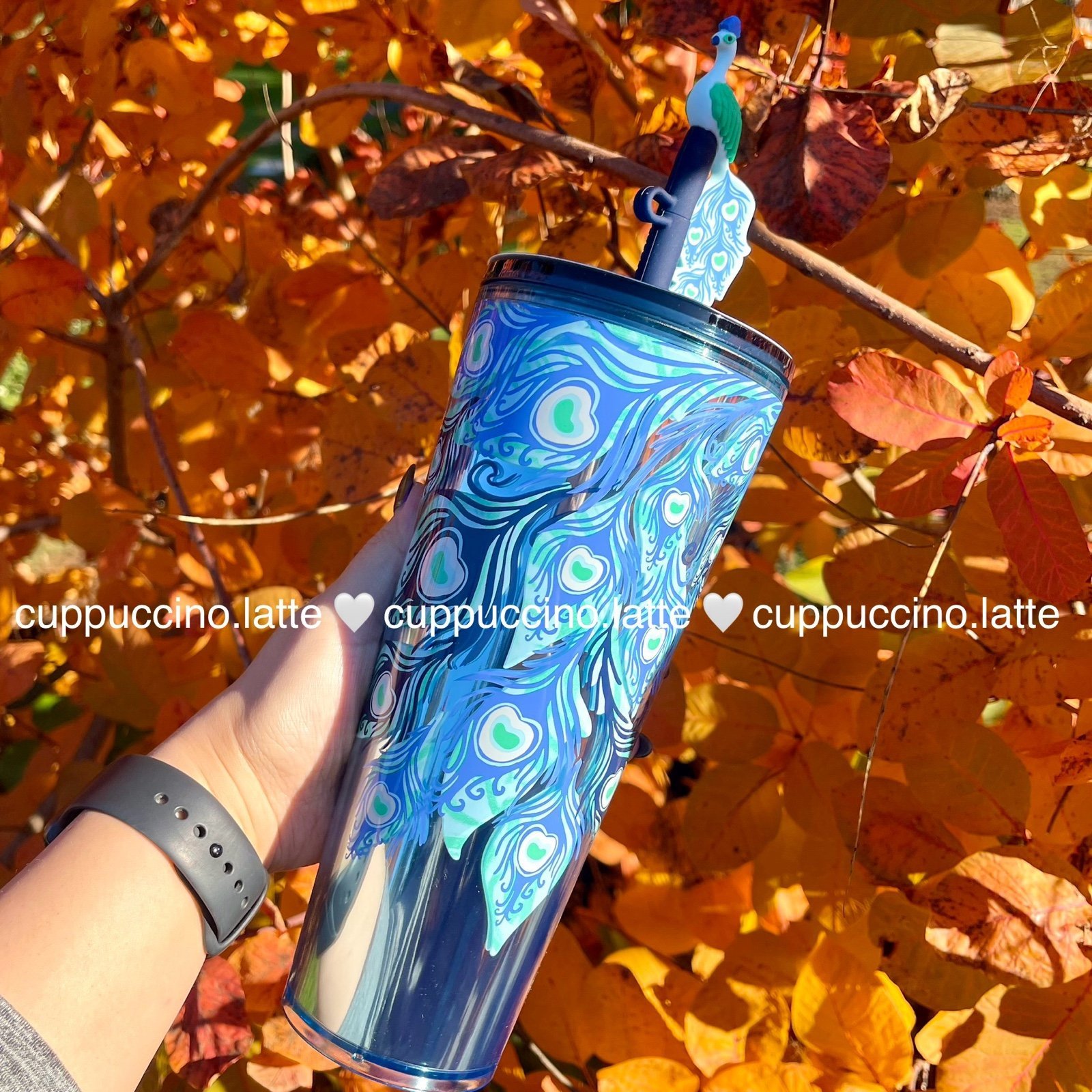 NWT Starbucks holiday 2024 Blue Peacock Feathers Straw Topper Cover Tumbler