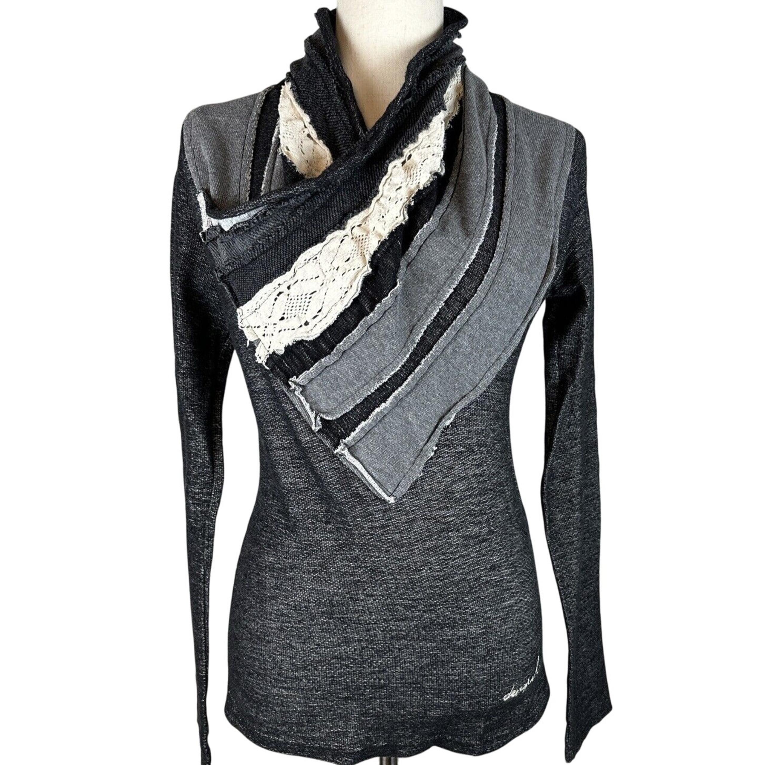 Desigual Womens Patchwork Shawl Scarf Neck Sweater Size S Gray Black Ivory Lace