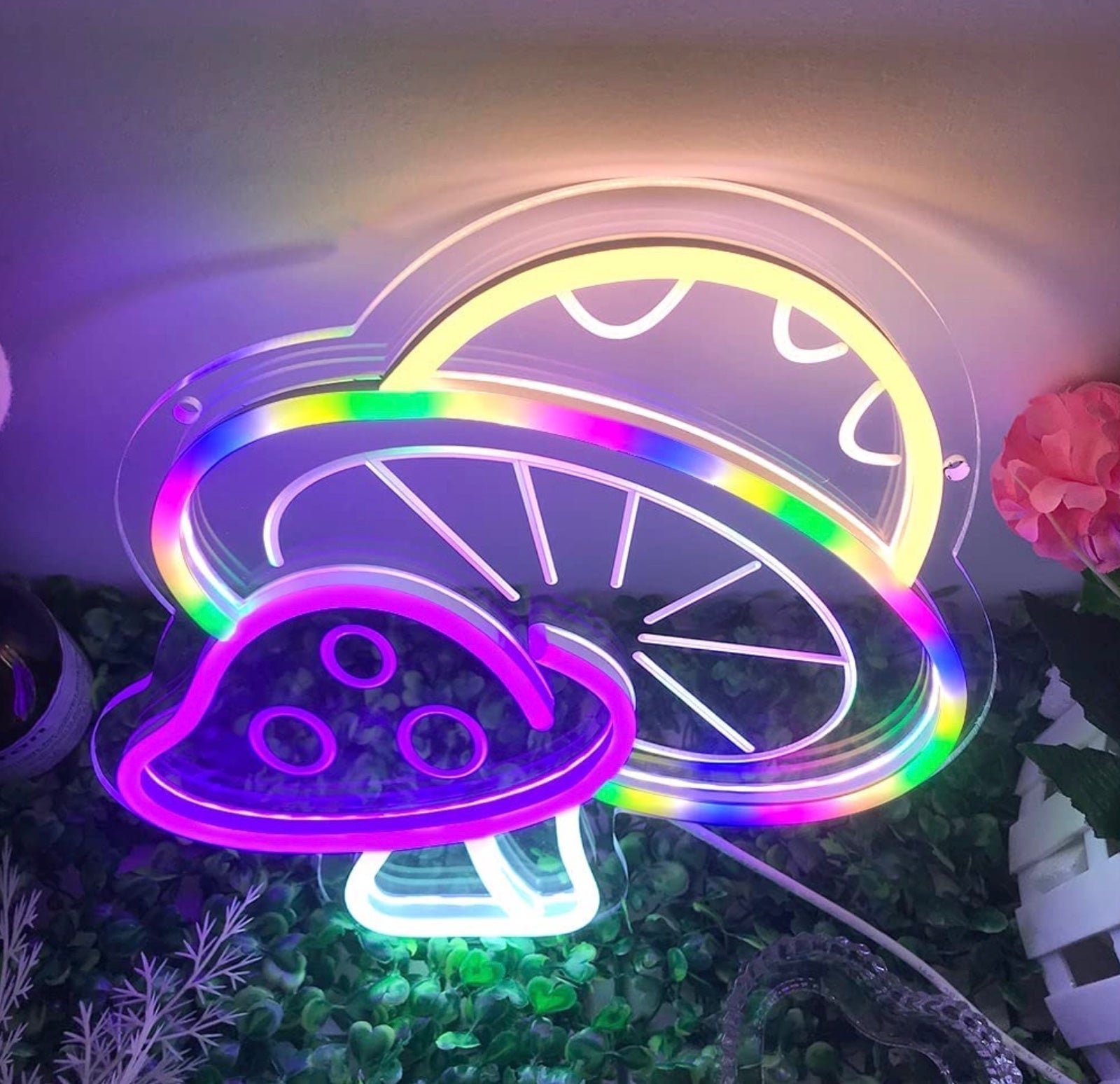 Lovely Bright Pink & Rainbow Double Mushroom LED Night Light Room Decoration