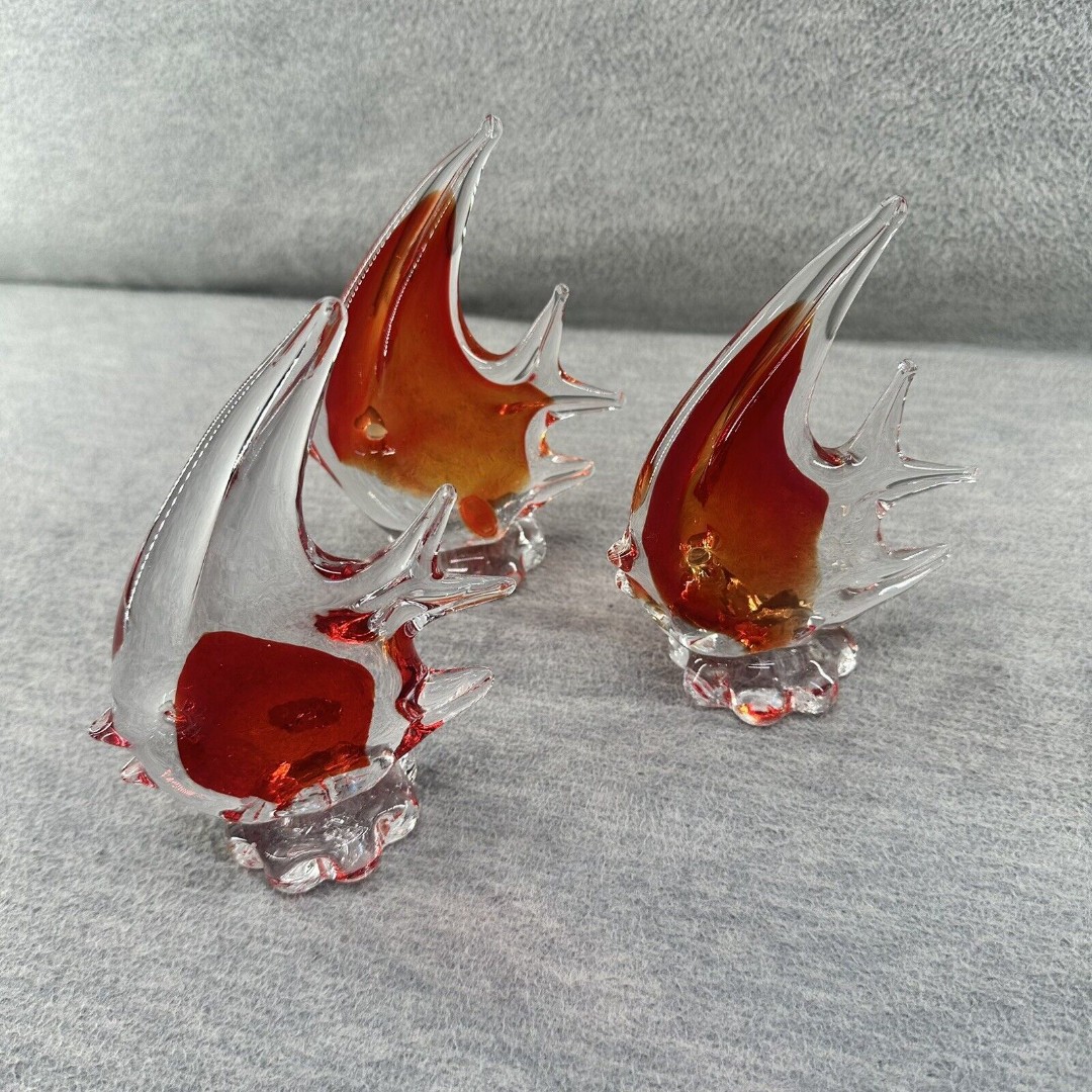 VINTAGE Orange 3 Tropical Angel Fish w/ Pedestal Figurine Paperweight 4 1/2