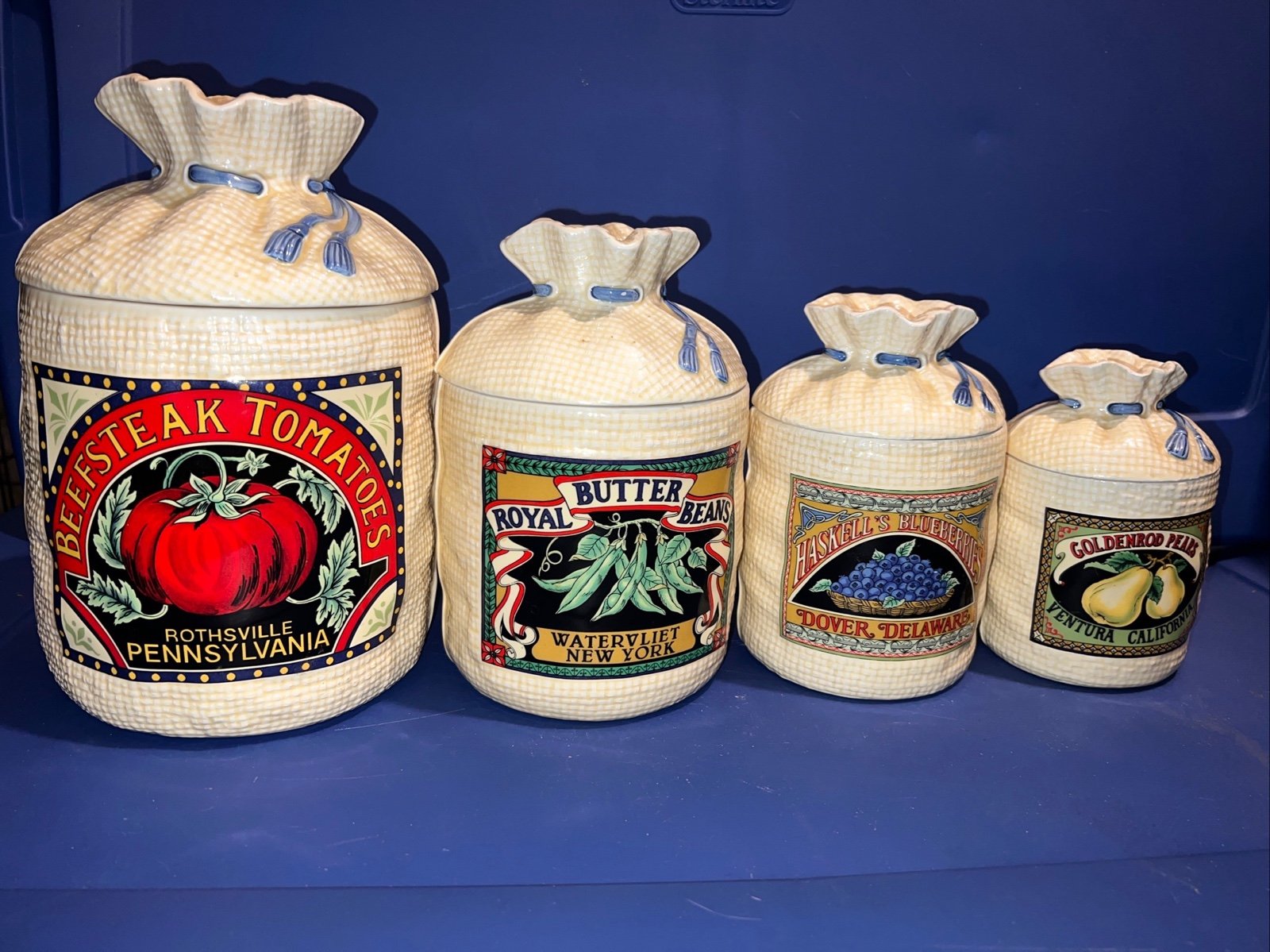 1988 Set of 4 Vintage Hearth and Home Designs Burlap Sack Design Canisters