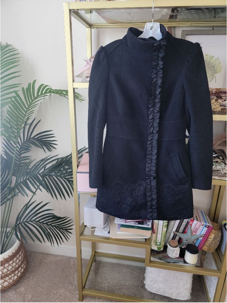 BEBE Black Coat with Lace and Ruffles - Size Medium