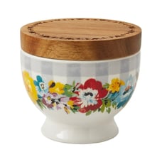 Pioneer Woman Sweet Romance Salt Cellar Stoneware Wood Floral Lid 4 x 4 x 3.5