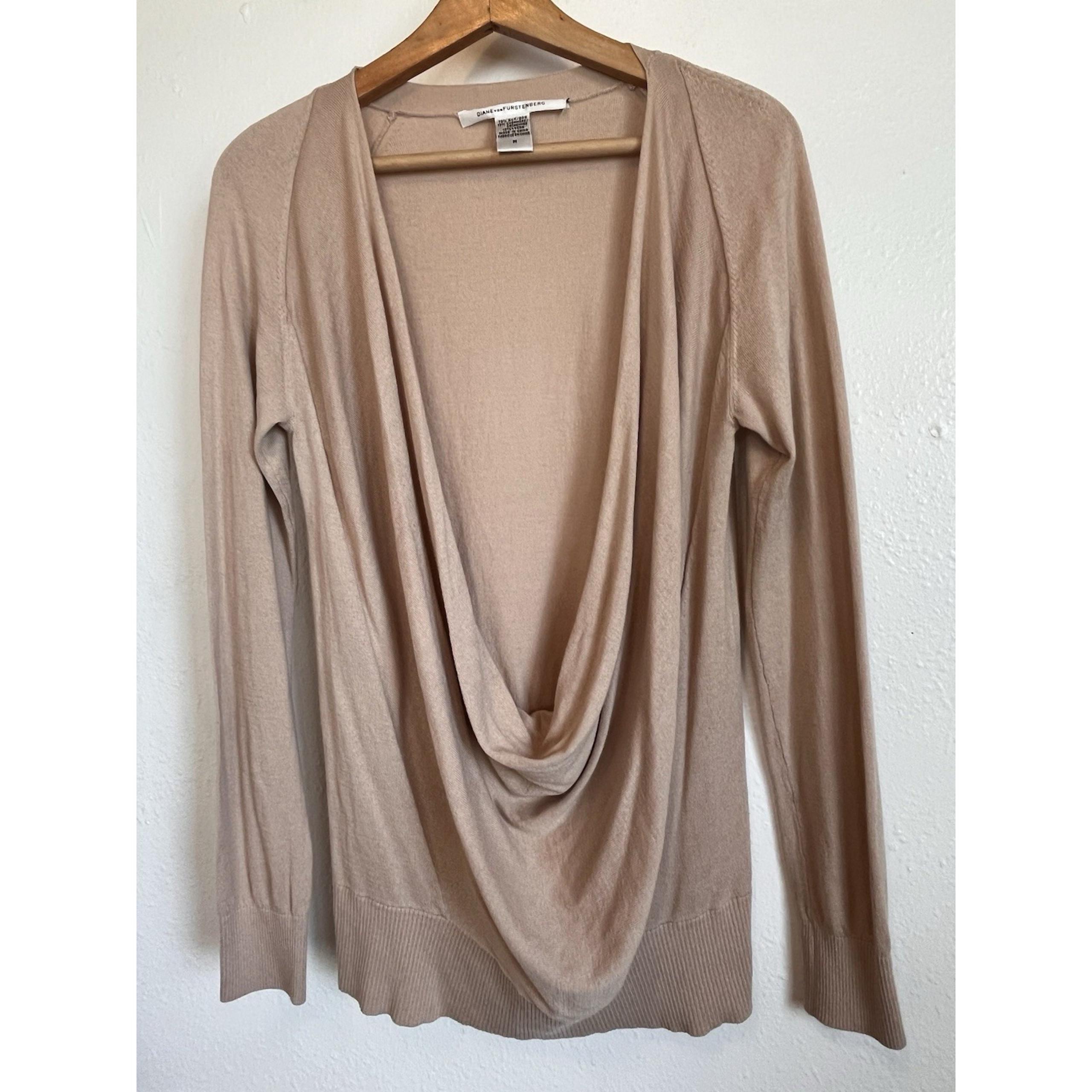 Diane Von Furstenberg Sweater Size Medium Cashmere Silk Blend Taupe Droop Neck