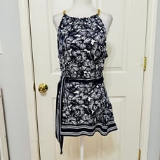 MICHAEL KORS HALTER FLORAL BLOUSE TOP WITH BELT NAVY AND WHITE XL 98