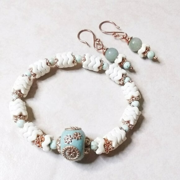 Bracelet + Earring Set! Romantic! Feminine! Classy! Indonesian Resin + Amazonite