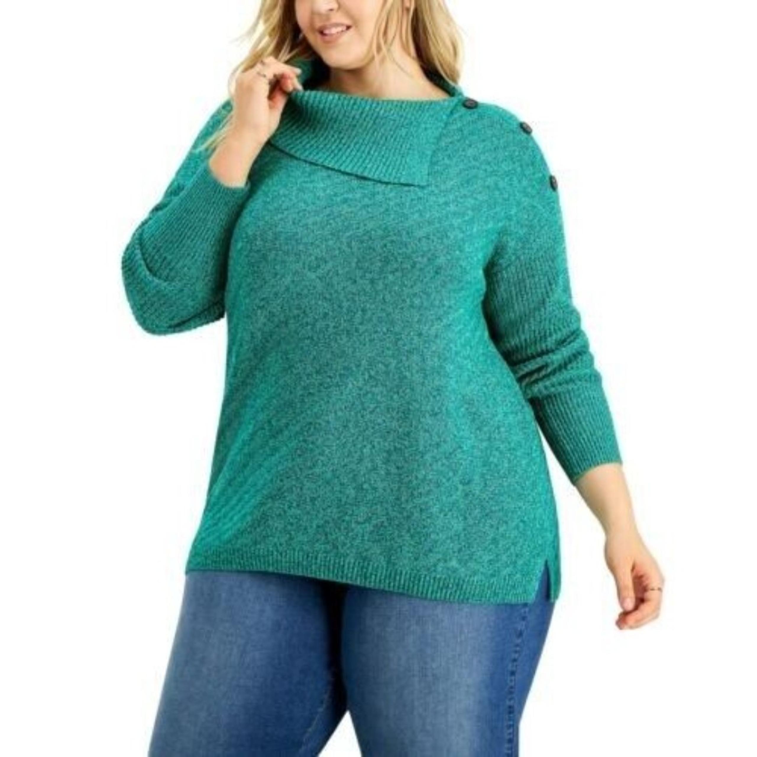 Style & Co Women's 3X Green Knit Enveloped Neck Button Tunic Pullover Sweater