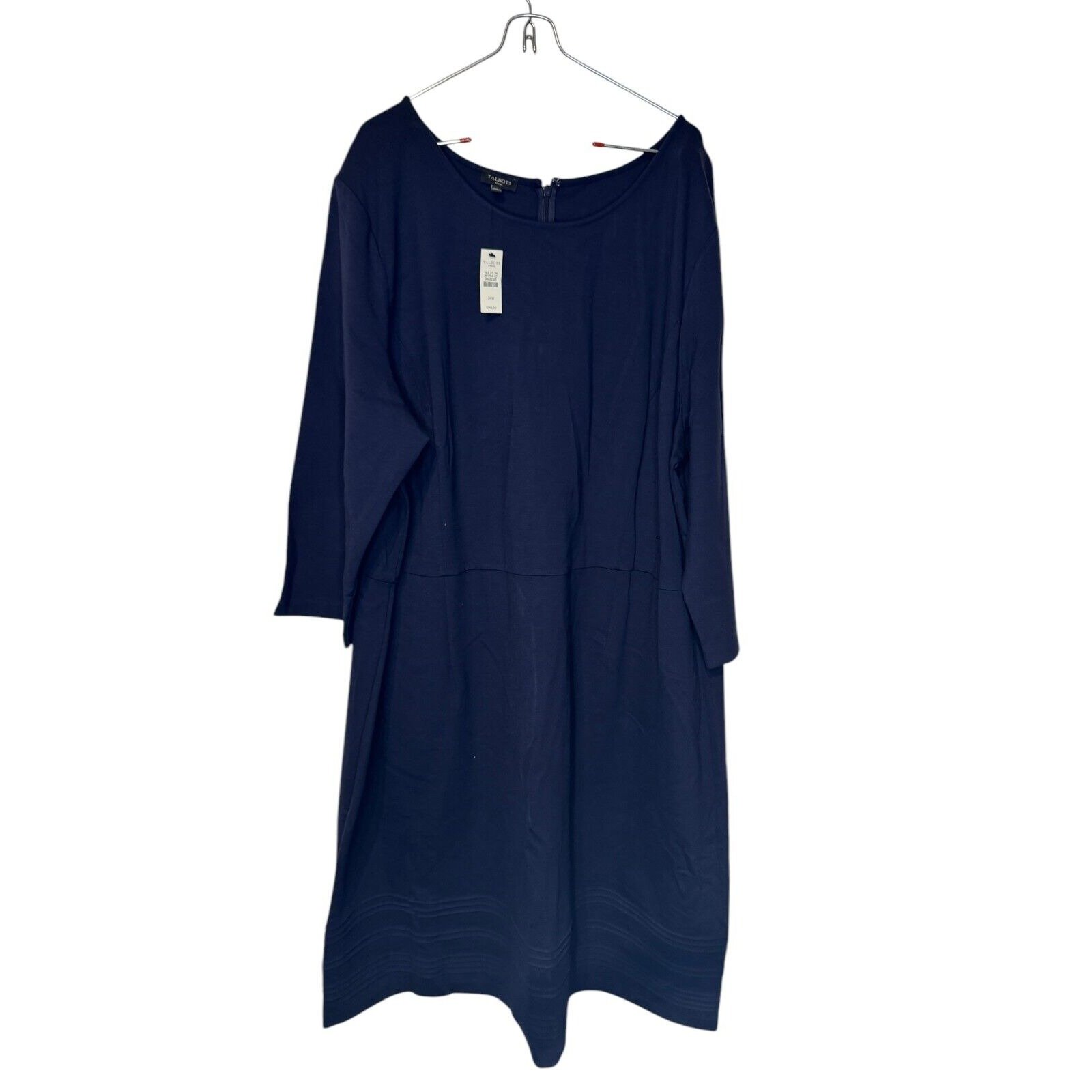Talbots Women Shift Dress Midi Long Sleeve Back Zip Stretch Navy Blue 24W NWT