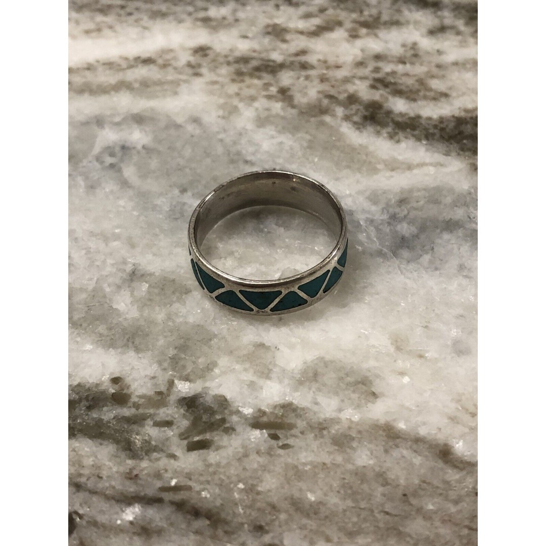 Sterling Turquoise Southwestern Eternity Band - 925 Inlay Zig Zag Ring Sz 10.5