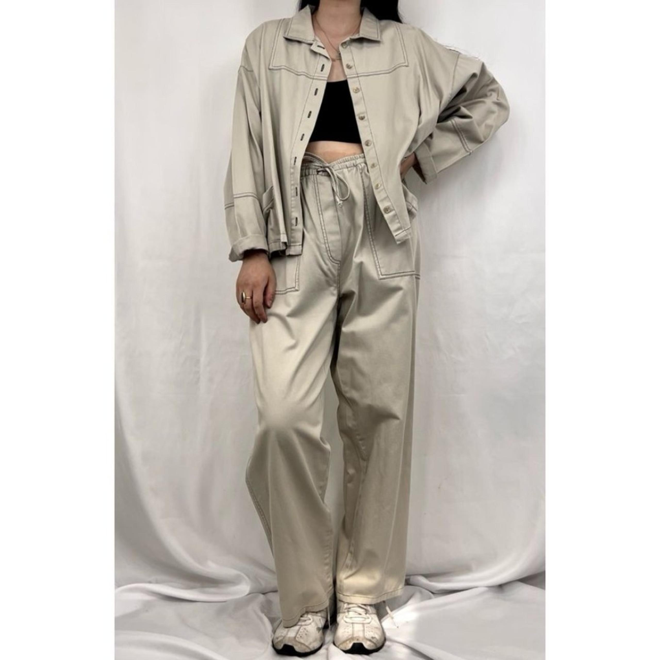 Vintage Jute Essentials Tan Beige Cotton Denim Jacket and Wide Leg Pants Set