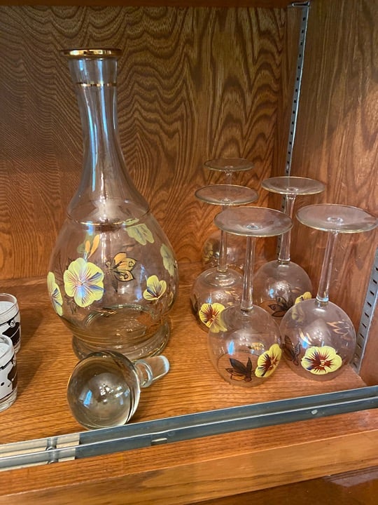 Moser rare hand painted set. Decanter topper w 5 glasses