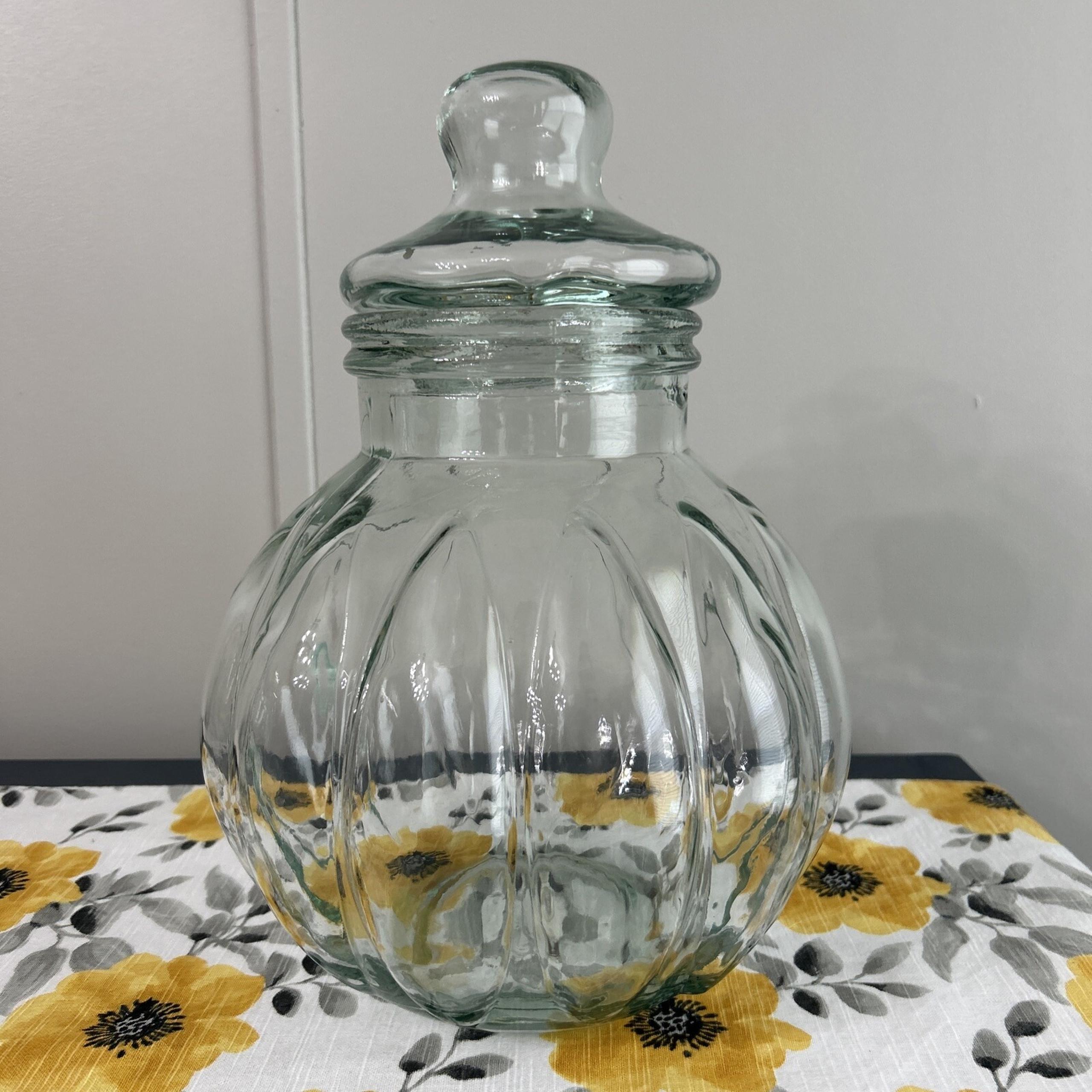 Vintage Large Clear Glass Pumpkin Shaped Apothecary Jar with Lid