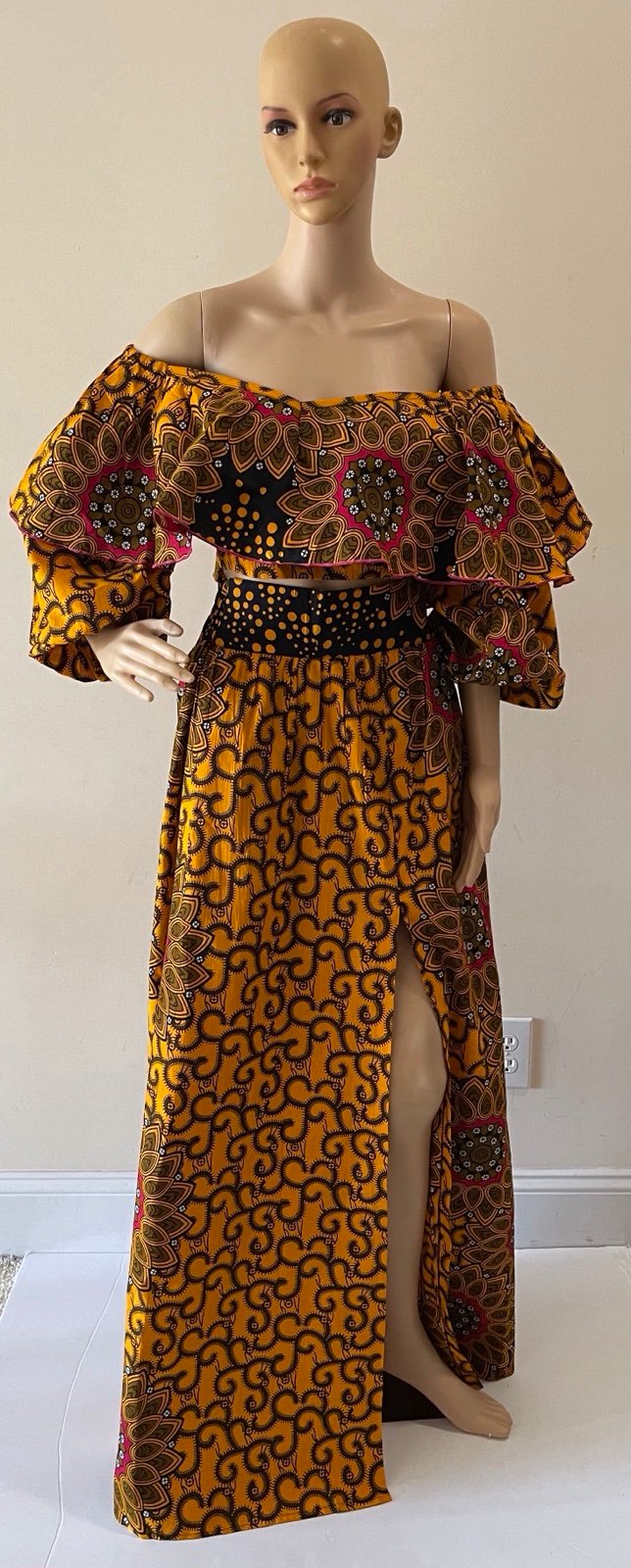 Two Piece African Print Ankara Handmade Maxi Skirt and off Shoulder Top Set