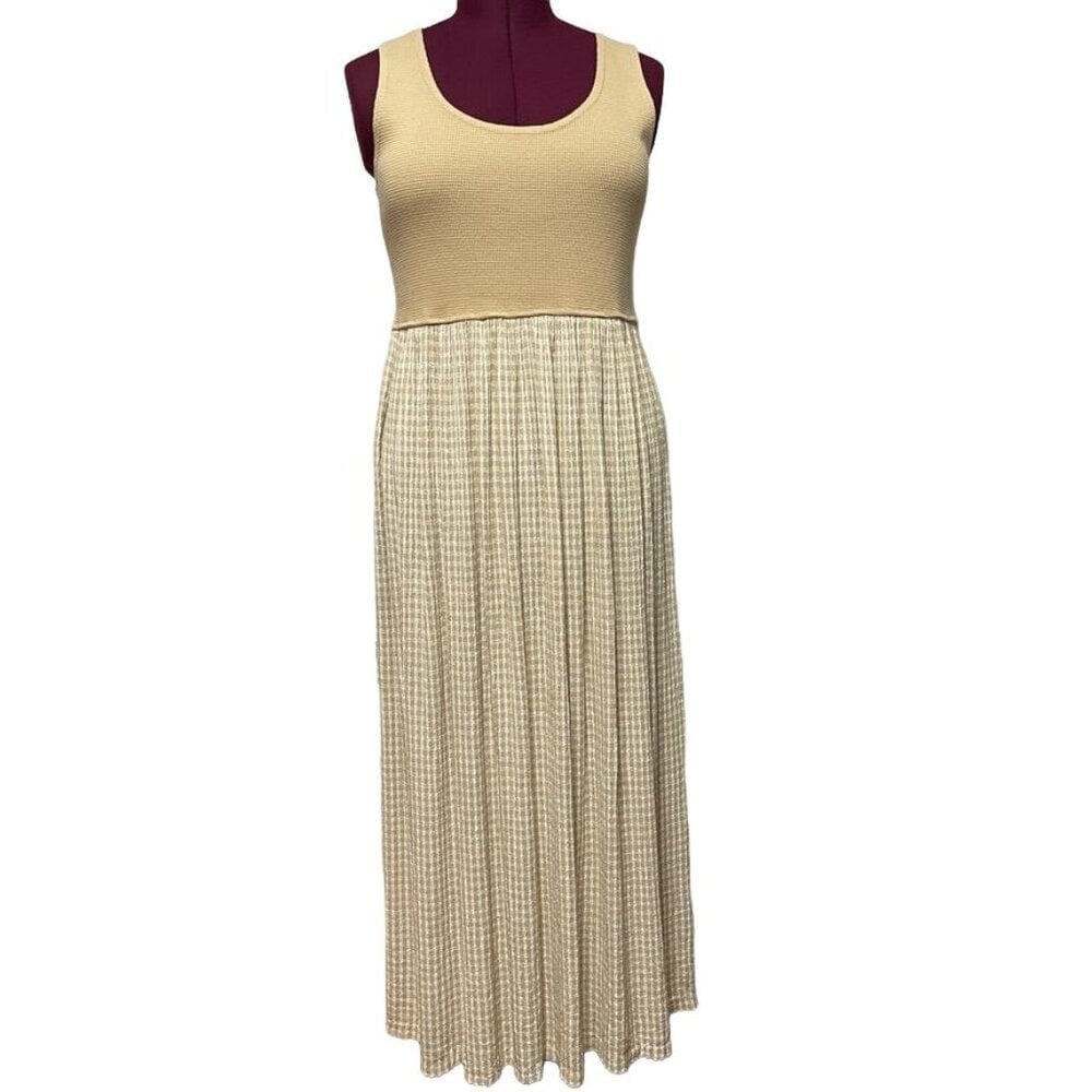 Vintage Knit Maxi Dress Sleeveless Gingham Pleated Cottagecore Prairie Women's S