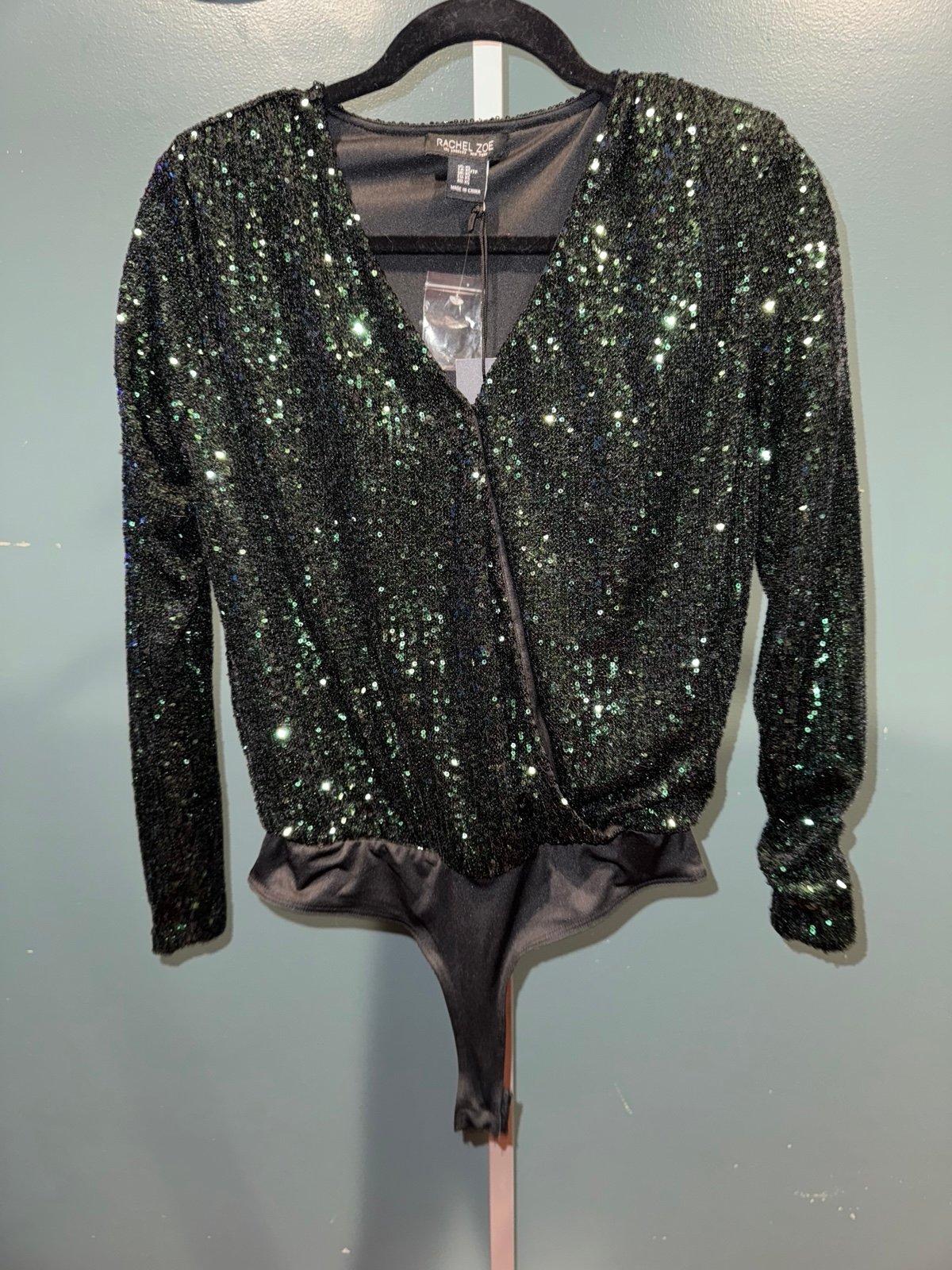 Rachel Zoe Green Sequin Bodysuit Top