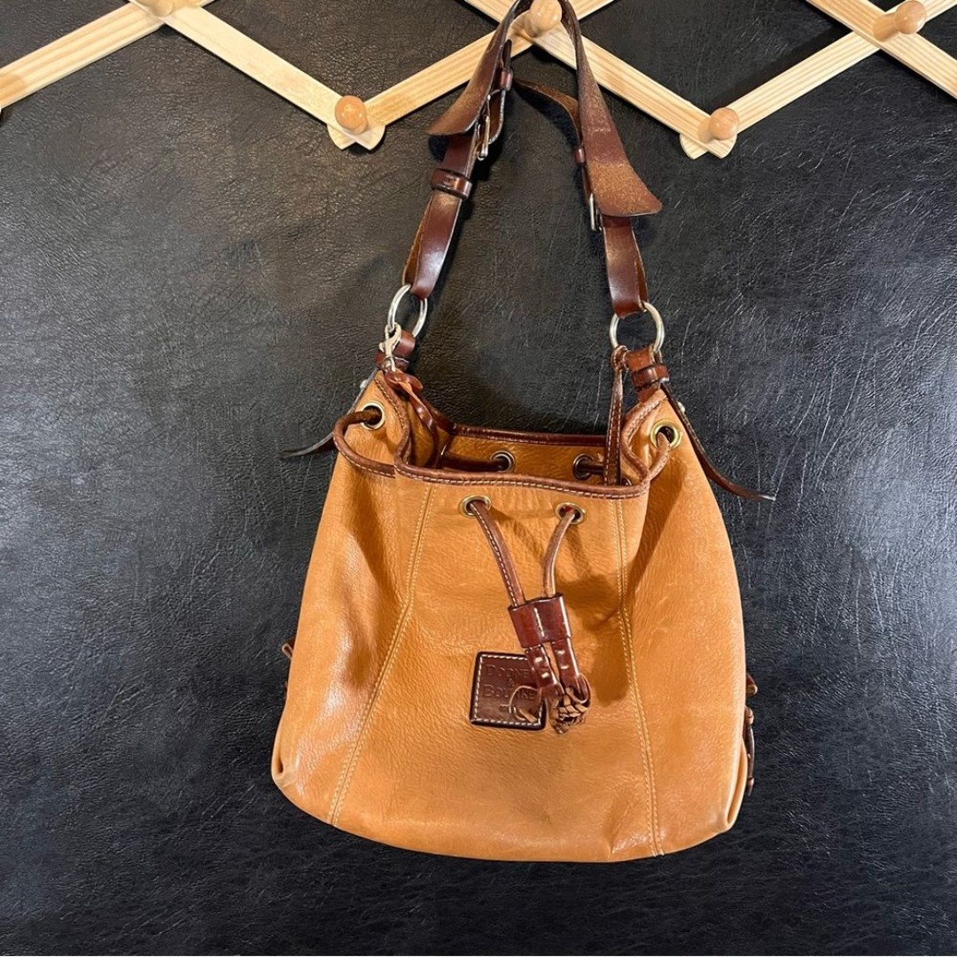 Dooney & Bourke Tan Pebbled Leather Drawstring Bucket Purse