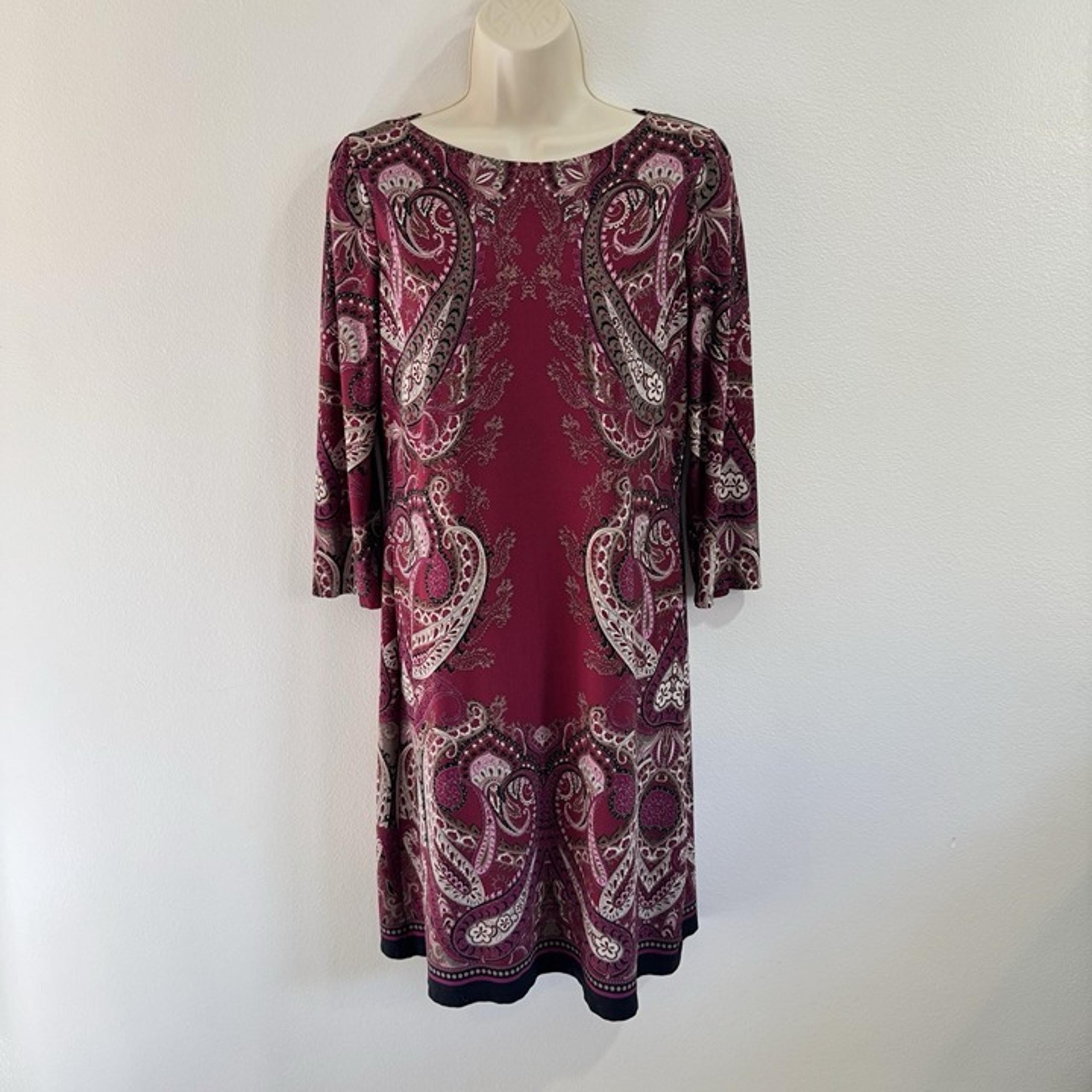 London Times Shift Dress 10 Paisley Red Purple Stretch Jersey 3/4 Sleeves