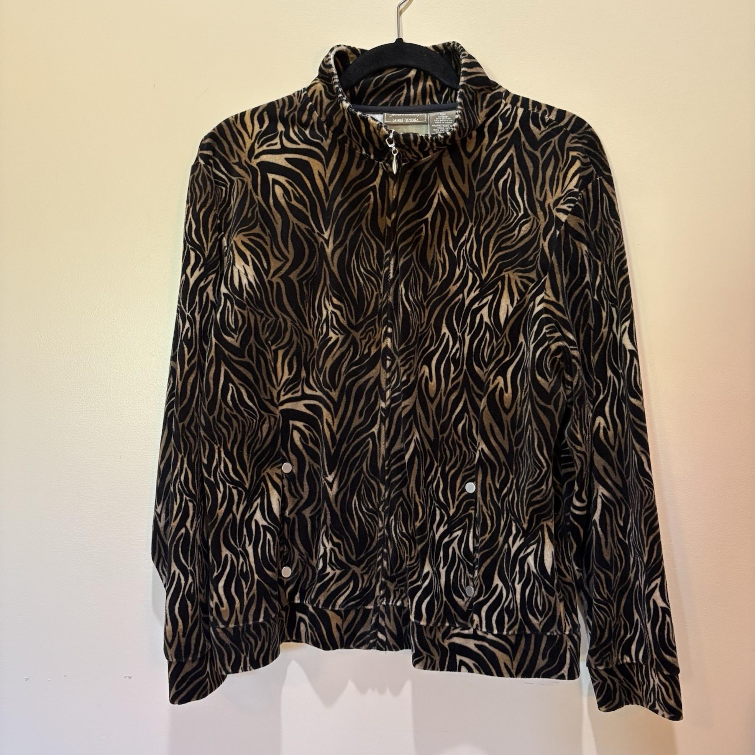 Jane Ashley Jacket Brown Animal Print Velour Full Zip Princess Seam Pockets XL