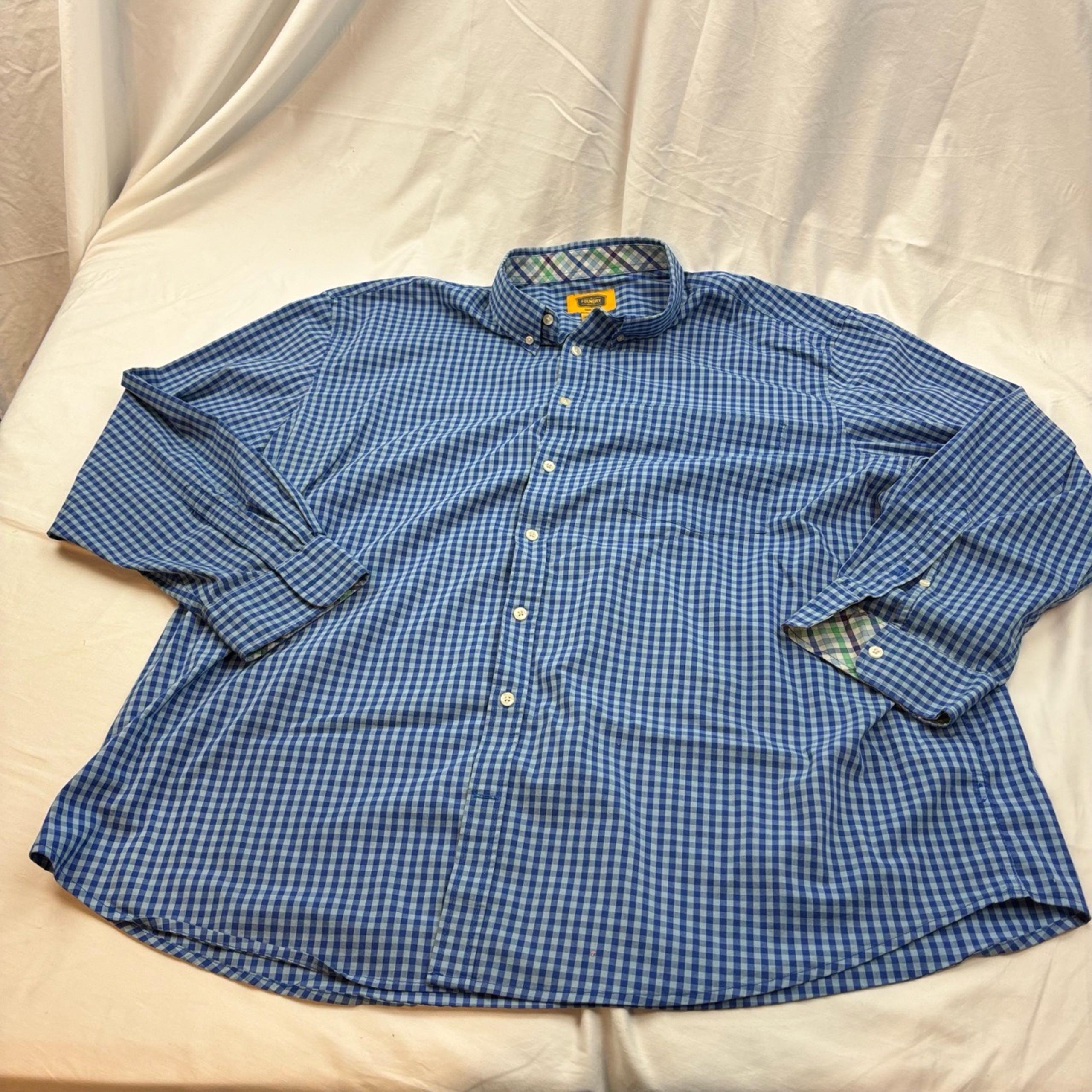 Men's 3XL Foundry Easy Care Button Up Shirt Blue White Long Plaid Sleeve Collar