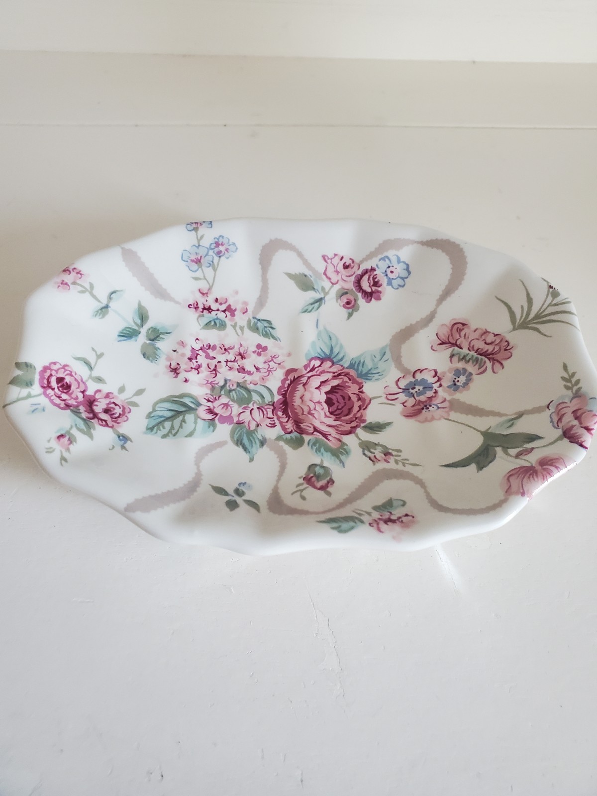 Shabby Chic Rose Peony Ceramic Soap Dish Pink Green Bathroom Vanity