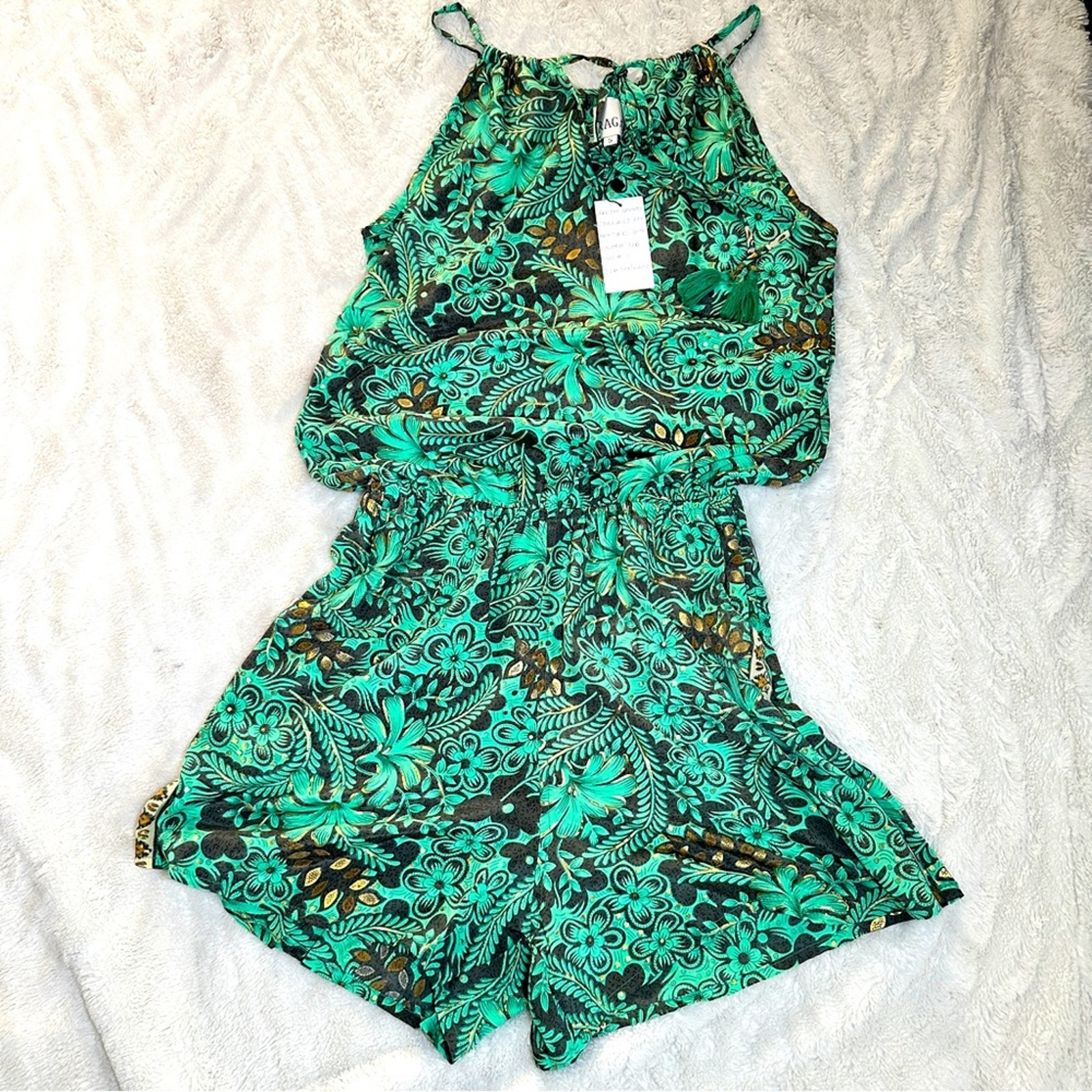Raga Sze S Green Black Printed Romper One Piece Boho Resortwear Vacation Cruise