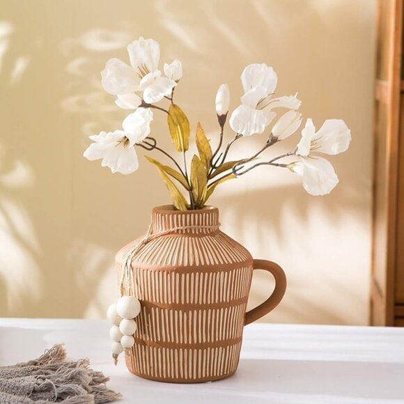 NEW Rustic Farmhouse Vase with Handle and Wooden Beads
