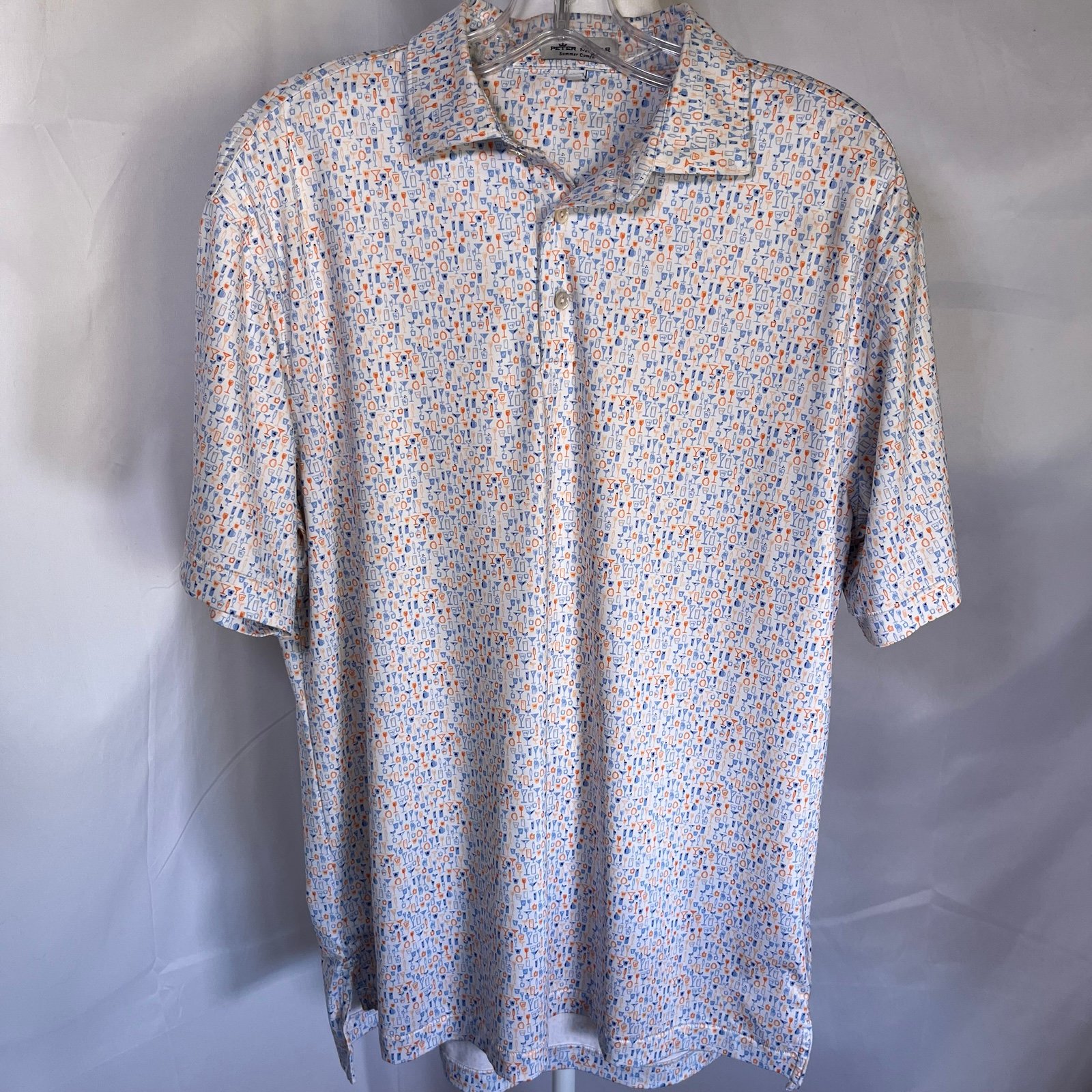 Peter Millar Summer Comfort Men’s Performance Polo Art-Deco Cocktail Pattern Med