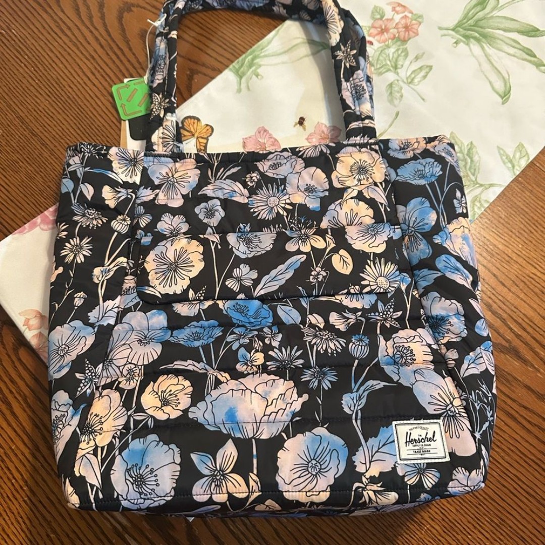 Herschel Supply Company Black and Blue Tote Bag with Floral Design