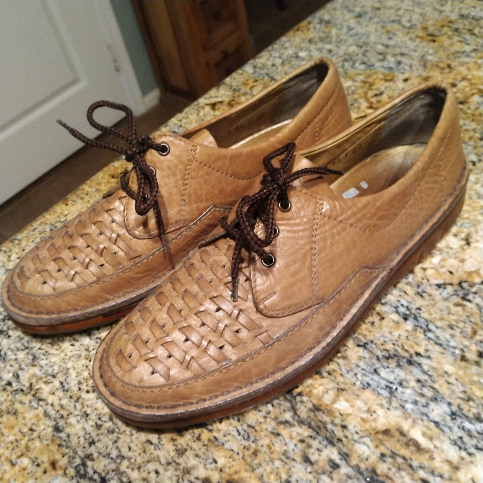 Salamander Men's Size 8.5 Brown Leather Lace Up Woven Boho Oxford Loafers