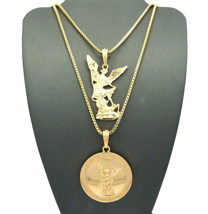 Hip Hop Saint Michael Archangel Gold Plated Pendant 20 24 Box Chain 2 Necklace