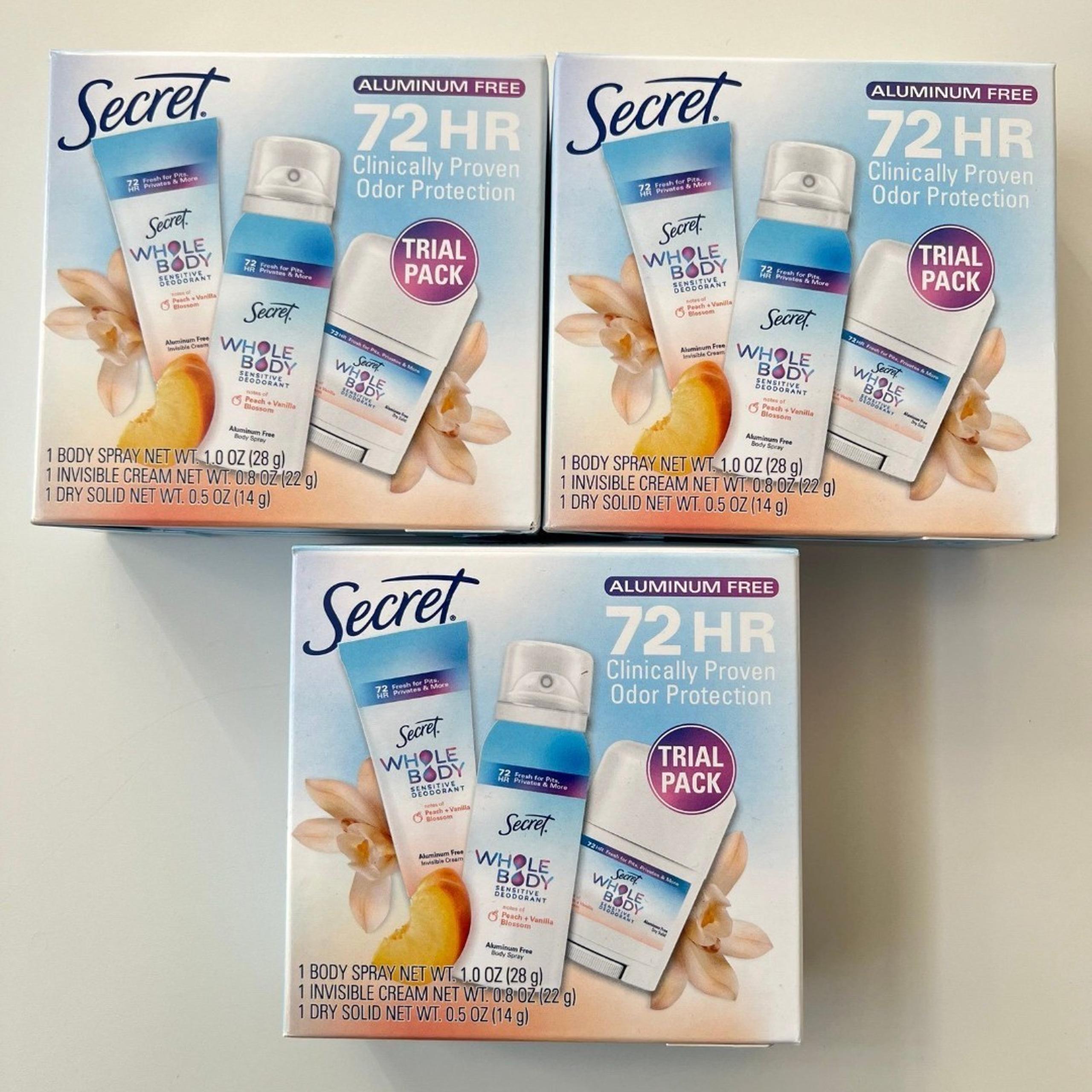 Secret Whole Body Deodorant Stick, Spray & Cream Peach & Vanilla, Trial Pack -3x