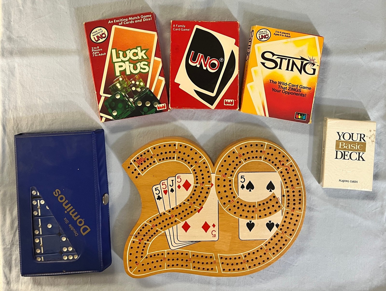 Staying Home Game Bundle Cribbage, Cards, Uno, Sting, Luck Plus, Dominoes