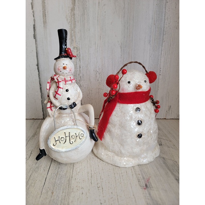Vintage glitter Snowman snow pile set home decor top hat bird unique