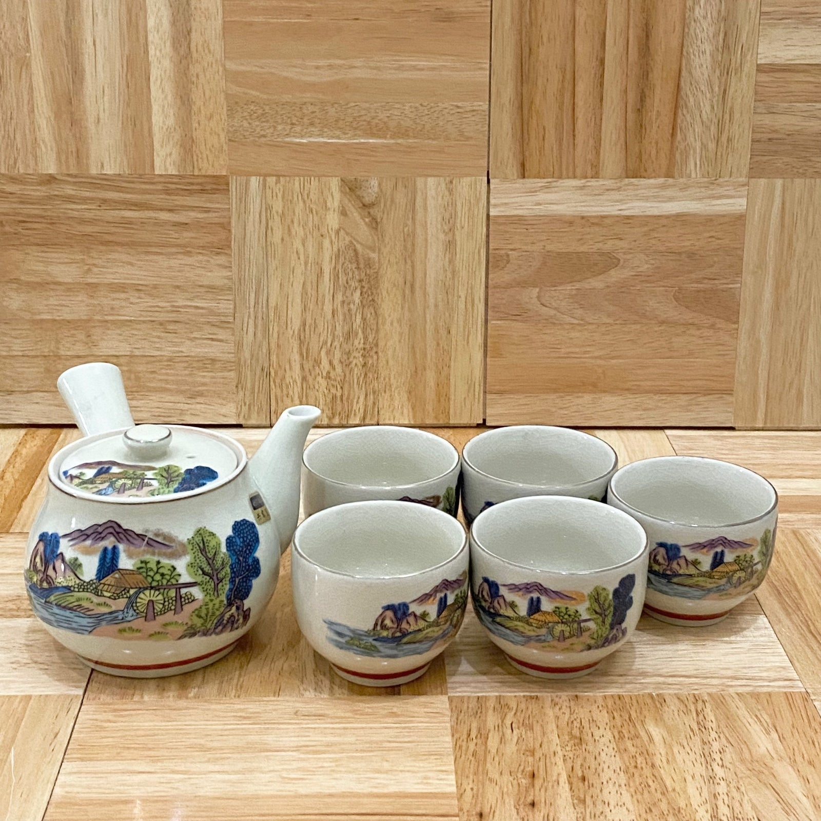 Vintage Japanese Kyusu Hand-painted Teapot Village Scene Teapot & 5 Cups Set