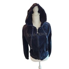 Vintage Y2K BeBe Hoodie Sweatshirt L Black Velour Bedazzled Rhinestones
