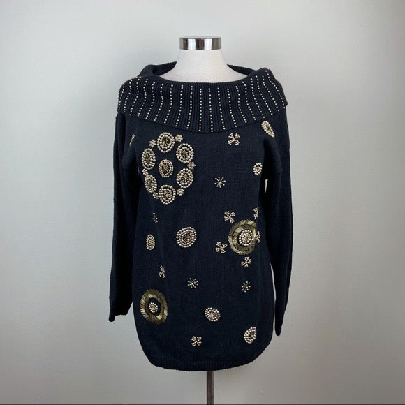 Vintage Victoria Jones Black Gold Beaded Cowl Neck Sweater Women Small