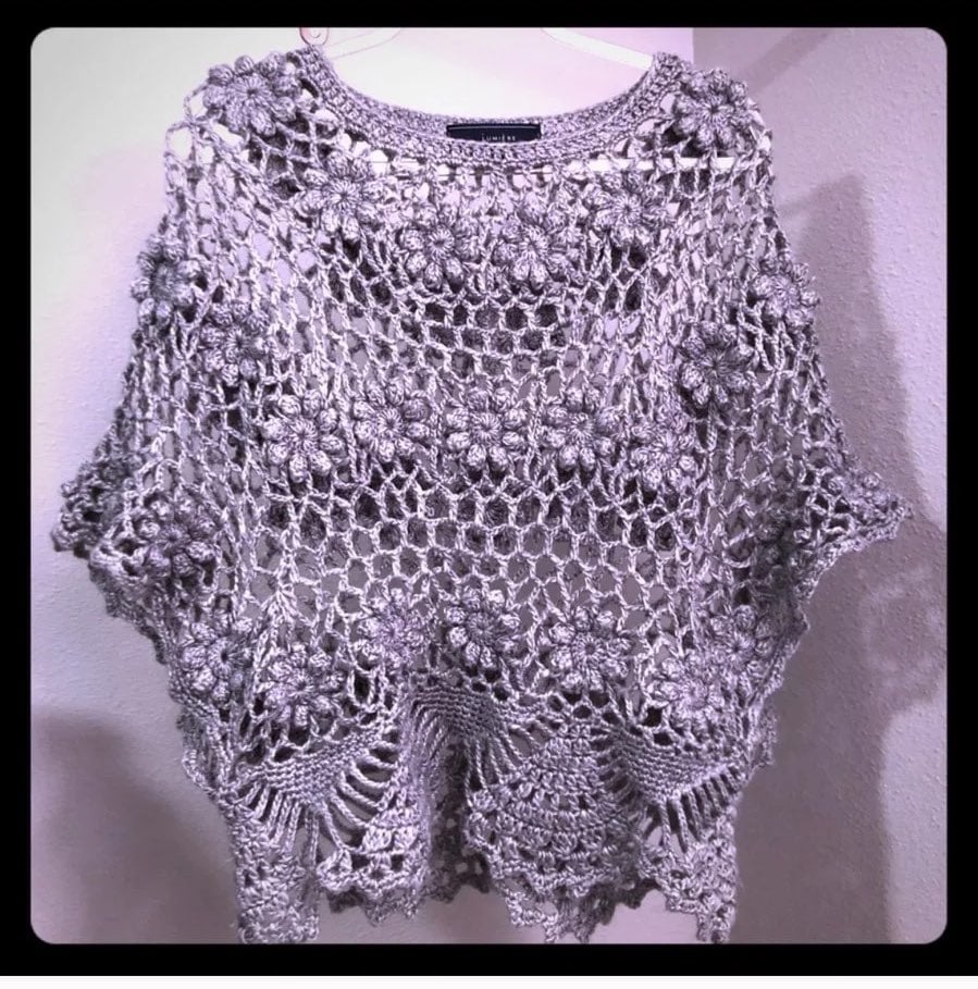 Boho crochet sweater poncho Gray Large