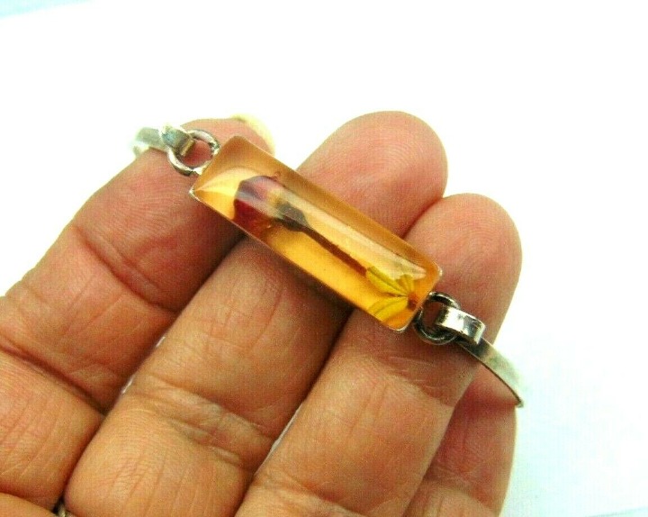 Sterling Silver Real Dried Flowers Clamper Bracelet Vintage 925
