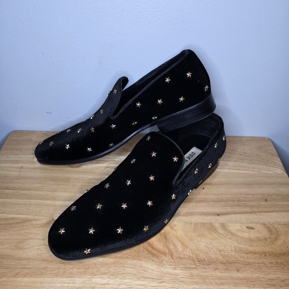 Steve Madden Pigiri Loafers Mens Slip On Shoes 8 Black Velvet Gold Stars Studded