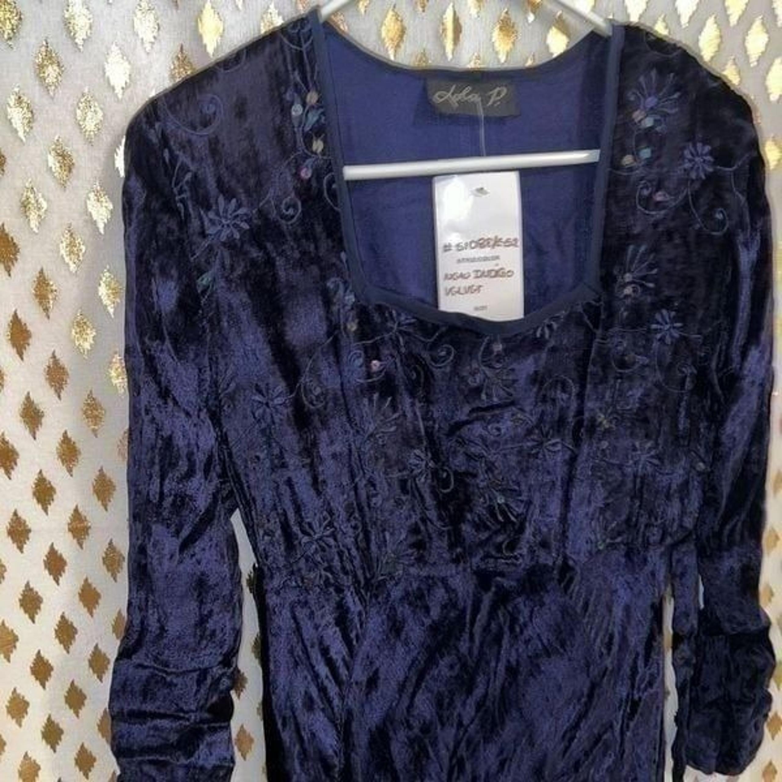 Lola P. Midnight indigo velvet vintage gown flared bottom formal dress prom wedd