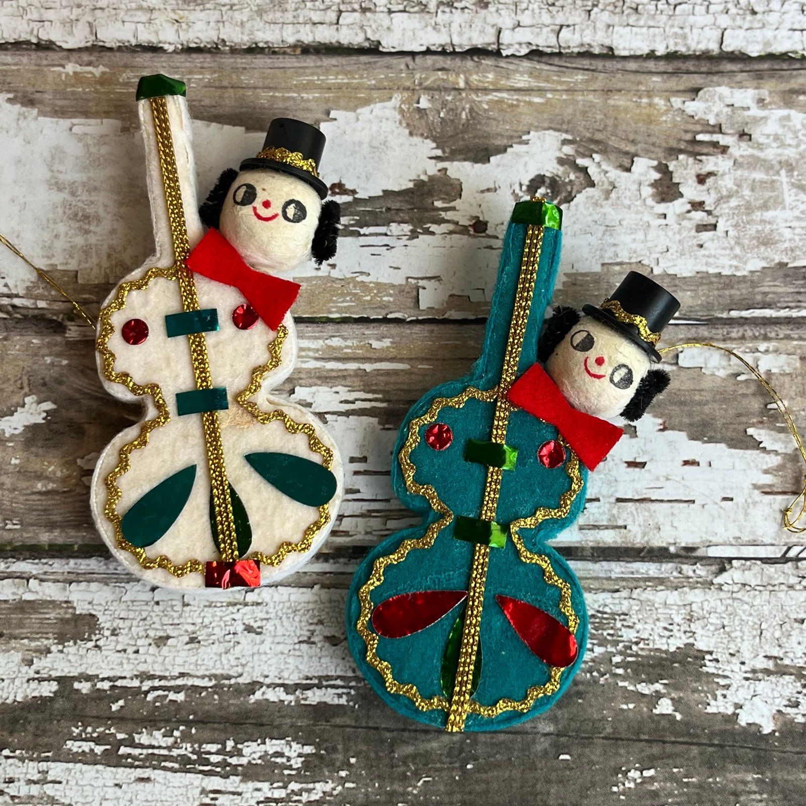 Vintage Christmas Snowmen Flocked Musical Instrument Ornaments