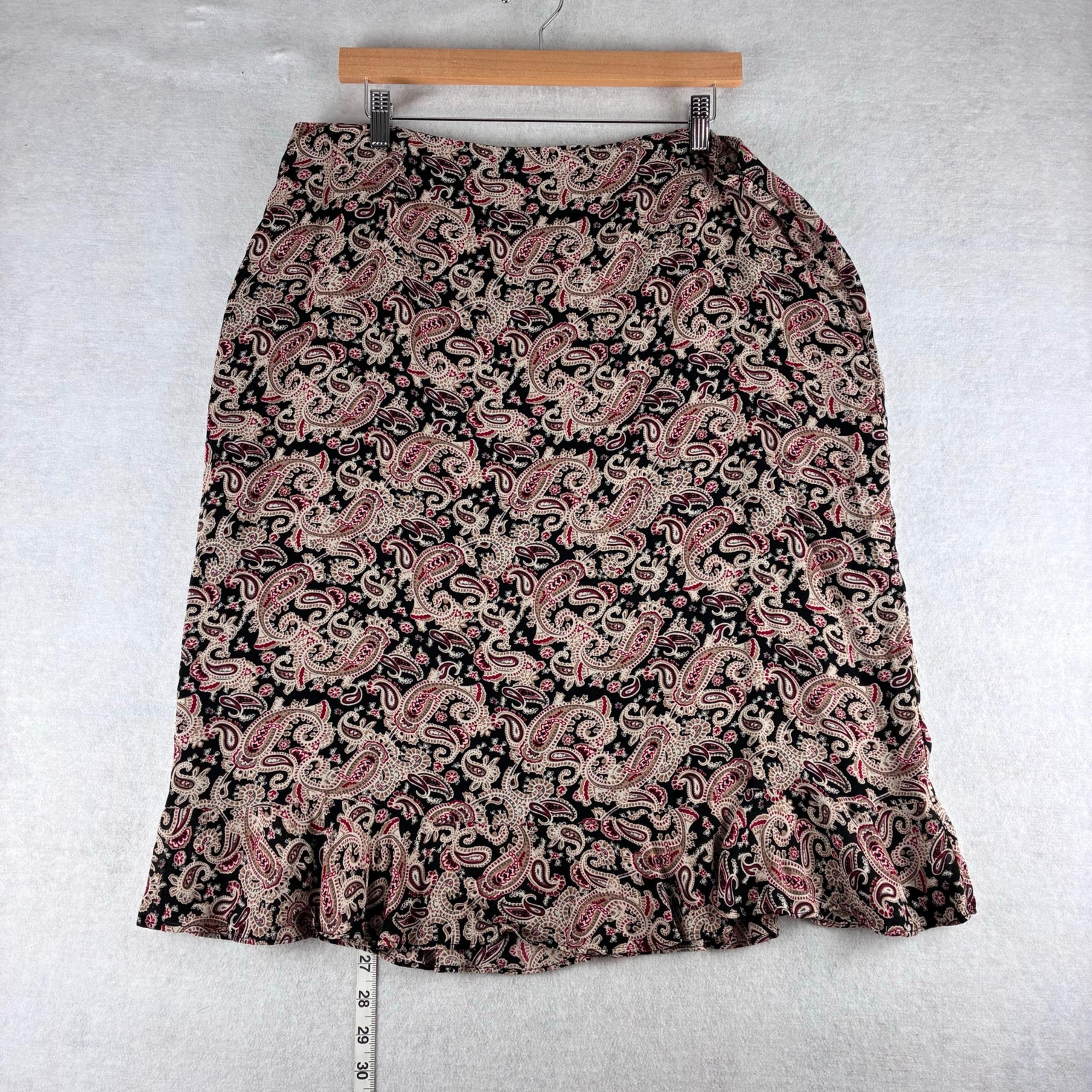 Vintage Charter Club Midi Skirt Women's 16 Paisley AOP Black Red Hippi Silk Feel