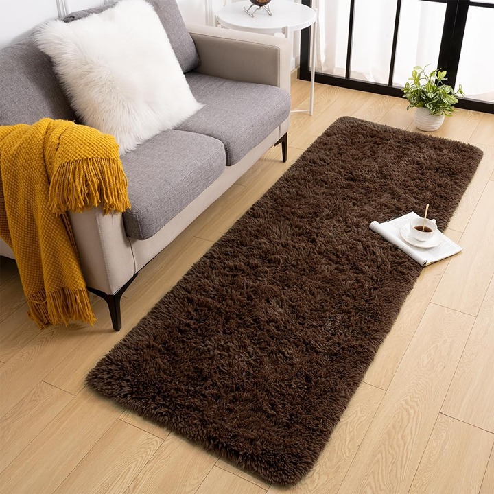 Fluffy Runner Rug for Bedroom Living Room, 2 x 6 Feet Brown Shaggy Rug