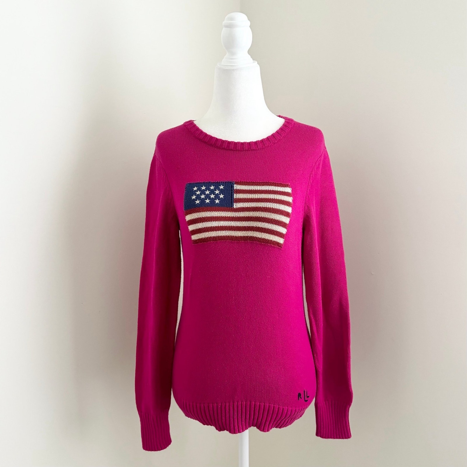 lauren ralph lauren - vintage flag pullover sweater crew graphic knit pink