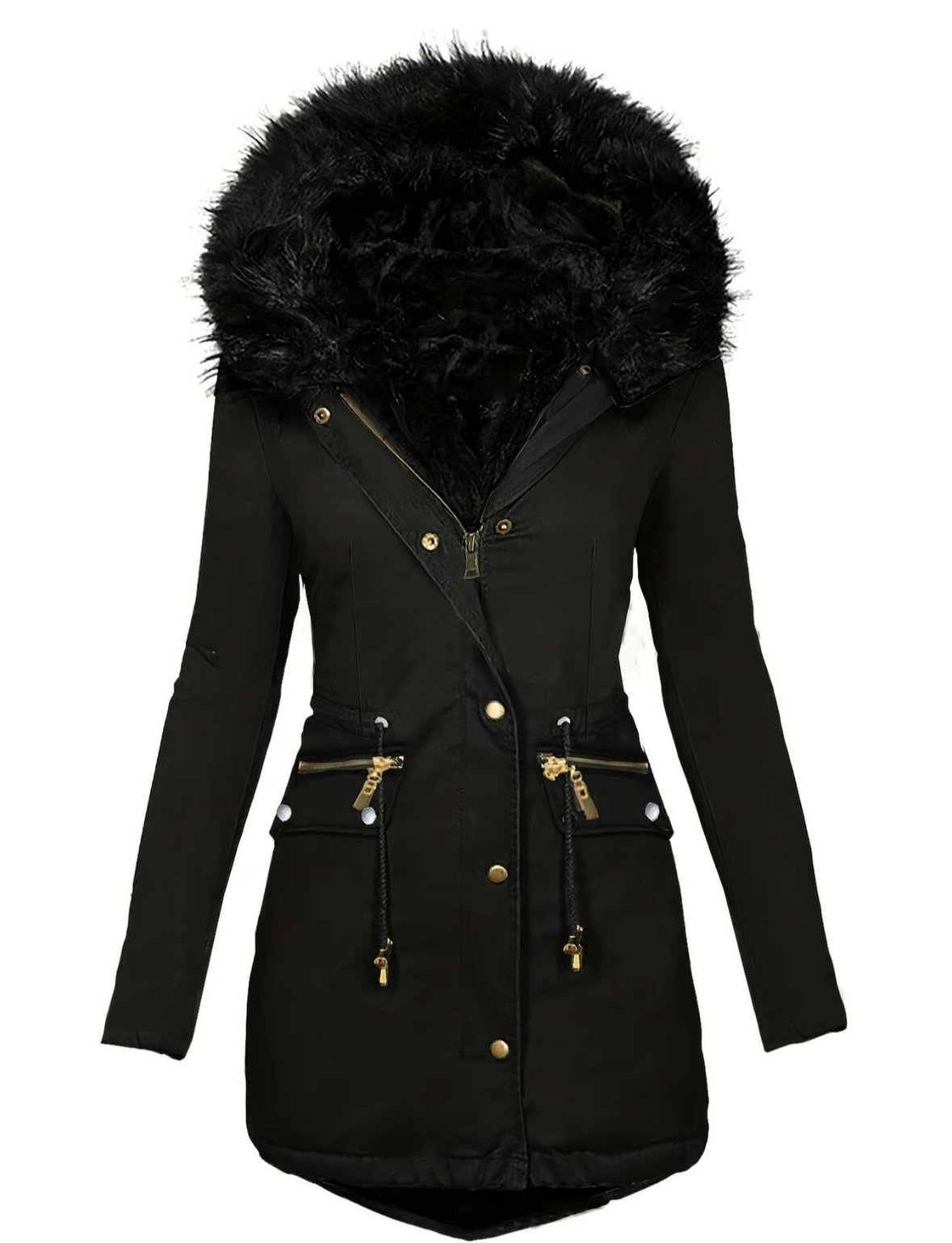 Women's Contrast Faux Fur Trim Button Front Hooded Winter Coat, Casual Long Slee