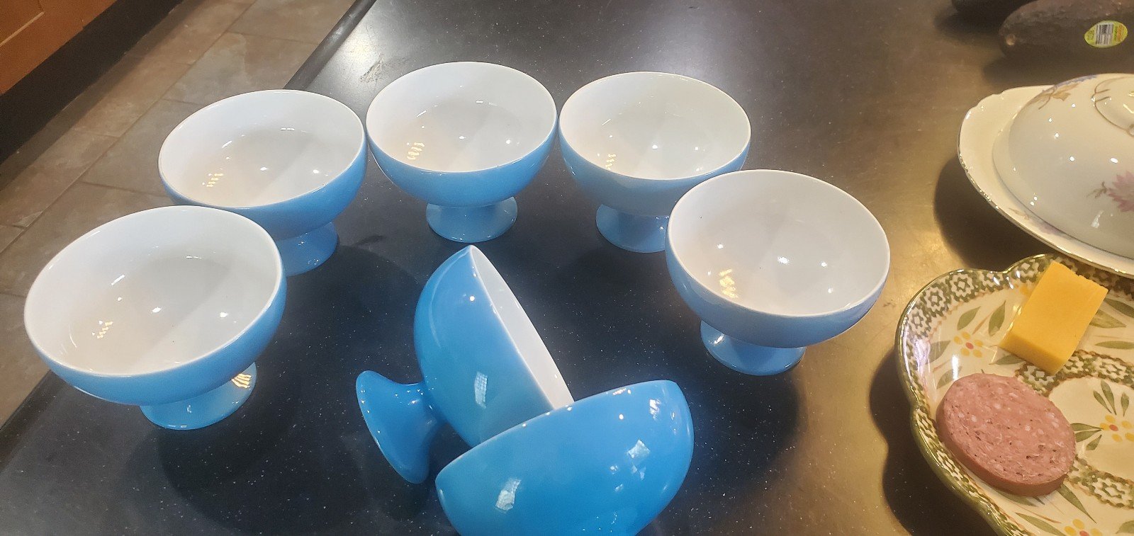7 Pc Japanese Porcelain BLUE & WHITE Footed Dessert Dish Sherbet Set -Japan
