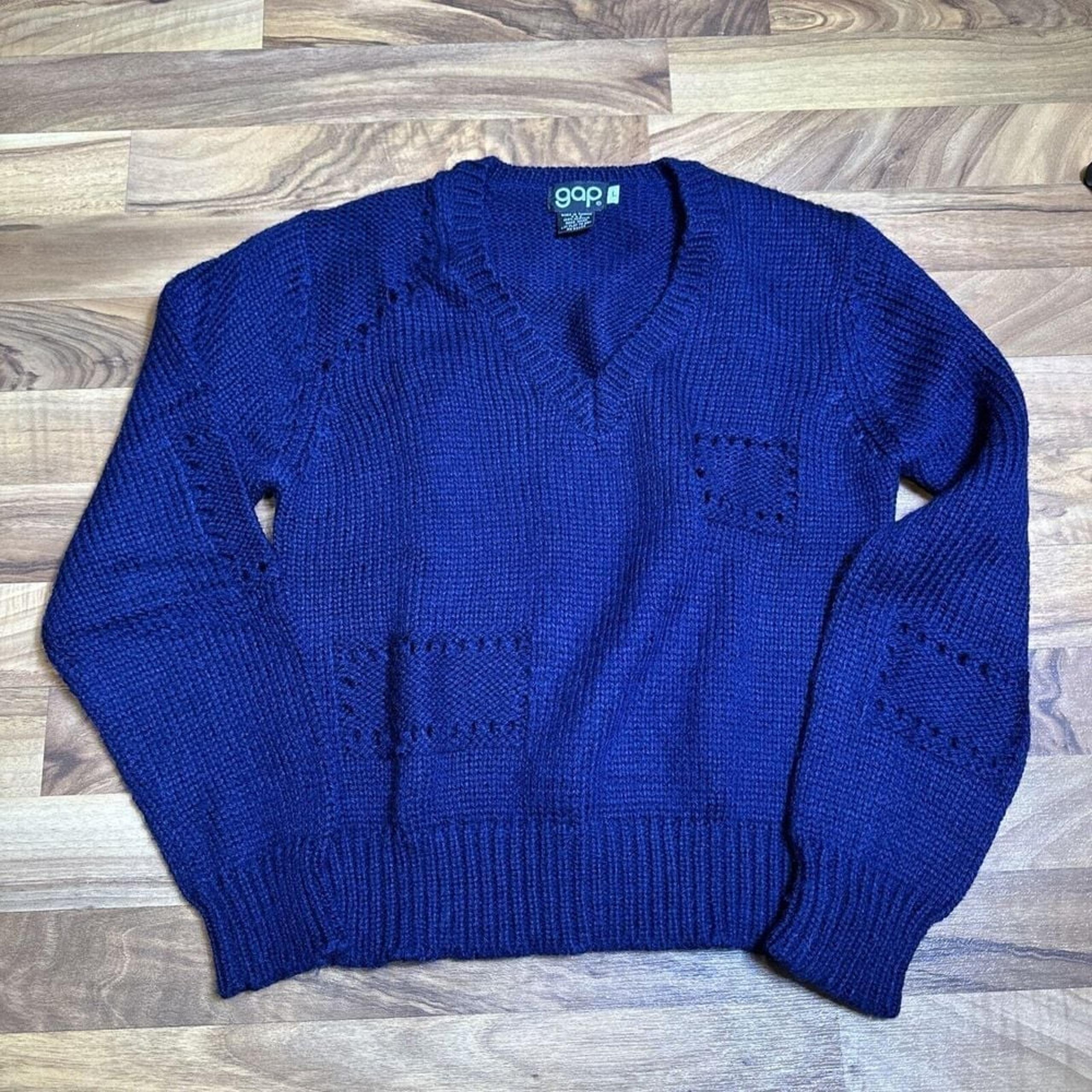 Vintage GAP Chunky Knit V Neck Sweater 1970s Size Large Navy Blue
