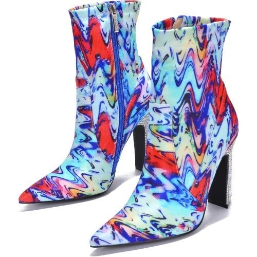 WOMENS RHINESTONE CHUNKY HEEL ANKLE BOOTIES RIMINI Print Size 7.5