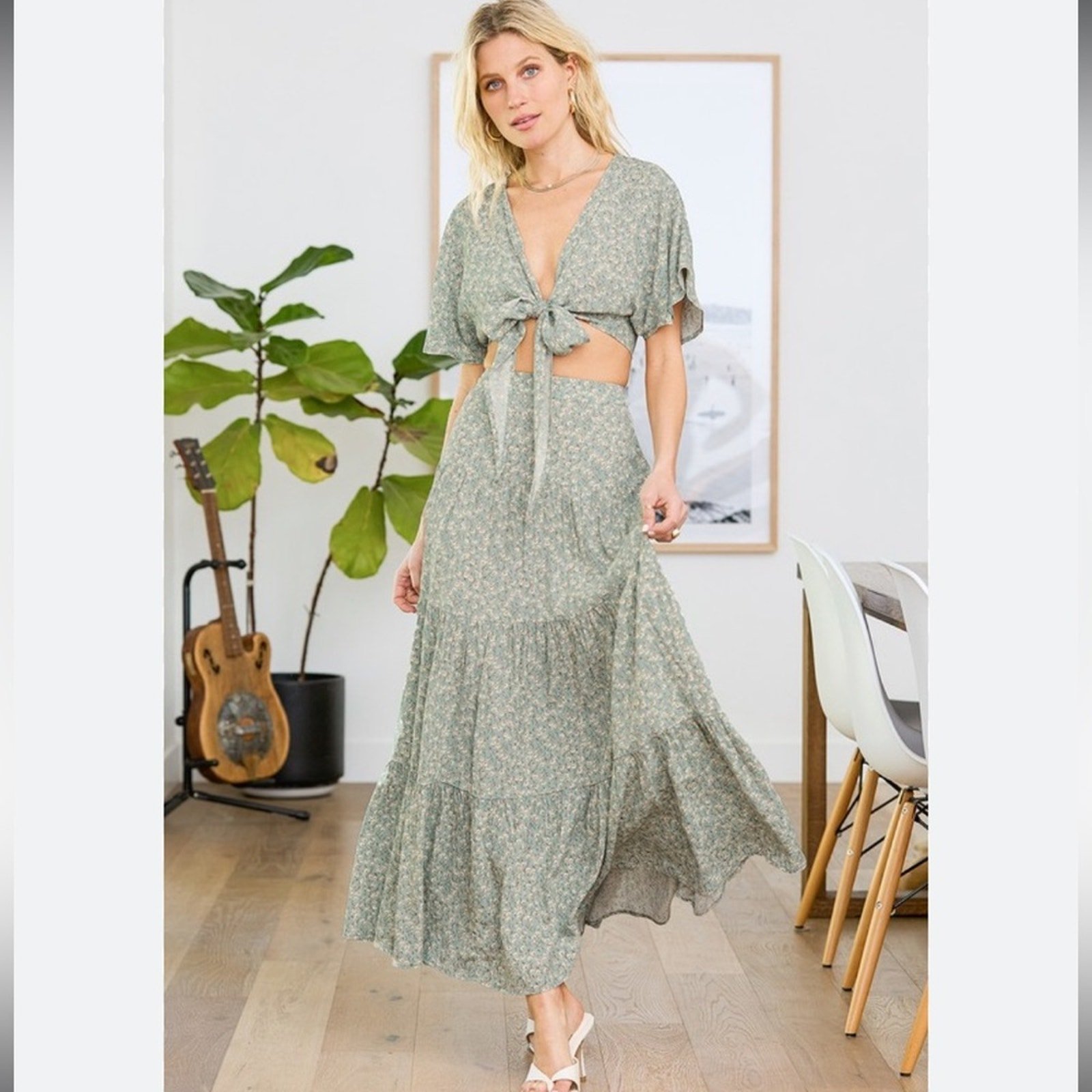 Lulus Sweet and Flirty Sage Green Floral Print Two Piece Crop Top & Skirt XL
