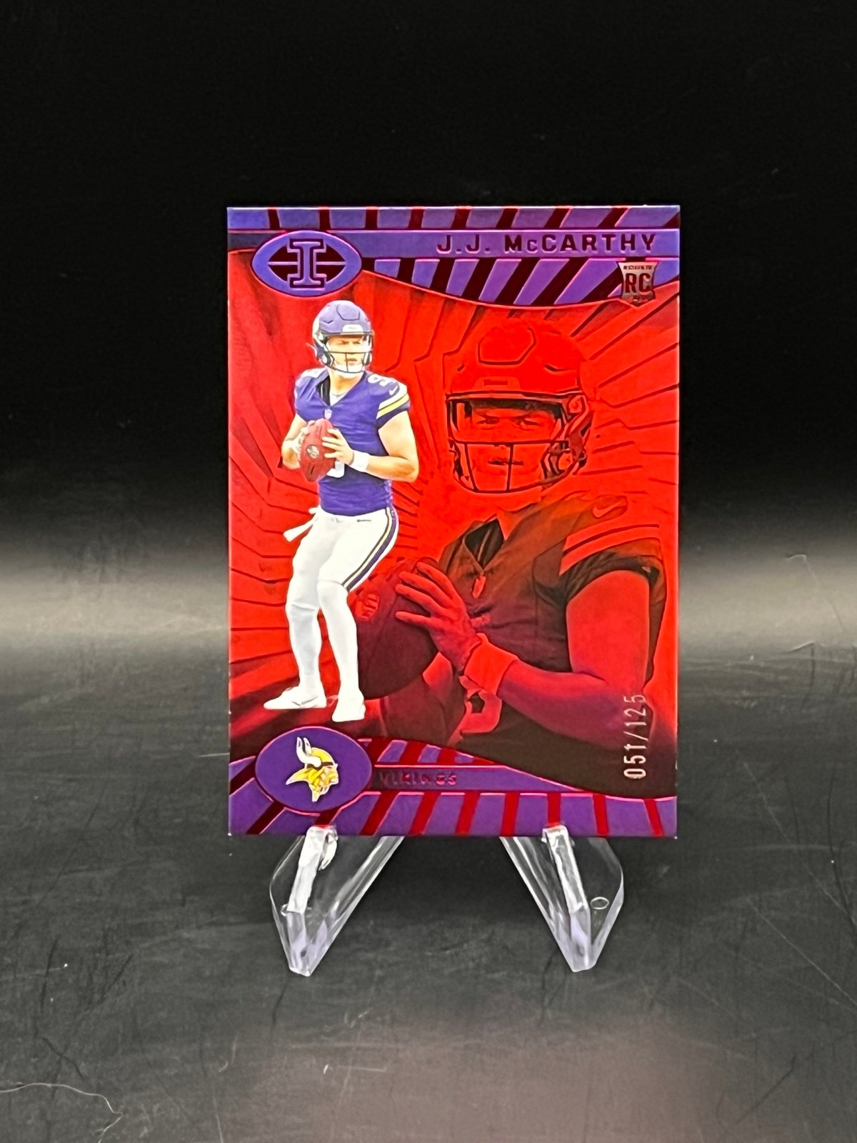 2024 Panini Illusions JJ McCarthy #100 RC Ruby Red Parallel #/125 Football Card!